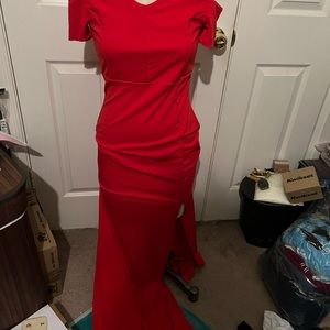 off the shoulder sweetheart full length dress with slit